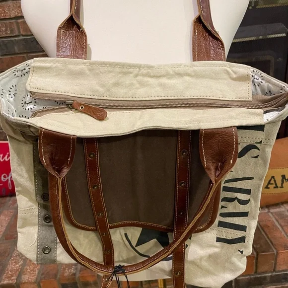 Myra Bag Vintage Style Canvas and Leather Army Tote Bag - Picture 4 of 7